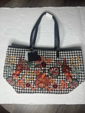 America & Beyond Floral Houndstooth Large Tote Beaded Bag Tweed Sequins Art Glam